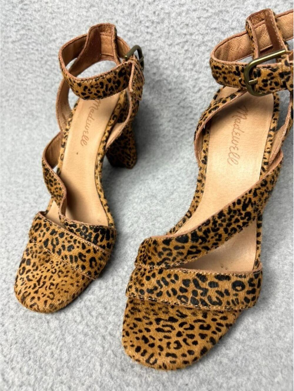 Madewell The Liv Sandal Mini Leopard Calf Hair Leather Strappy Block Heels 7 - Picture 2 of 6